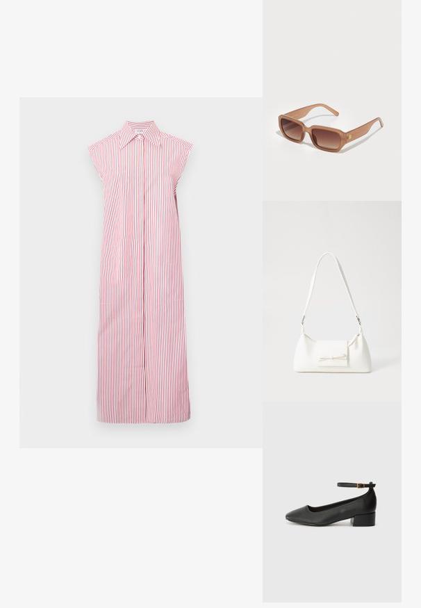 Rood en wit gestreepte mouwloze jurk met een kraaghalslijn, full-length ontwerp en een knopenlijn aan de voorkant. Bevat twee zijzakken.; Zwarte leren pump met een spitse neus en een lage blokhak. Beschikt over een enkelband met een goudkleurige gespsluiting. Gladde textuur.; Bruine rechthoekige zonnebril met gradient lenzen, dikke monturen en een logo-detail aan de zijkant. Soepel plastic materiaal, minimalistisch ontwerp.; Witte synthetische handtas met een driehoekige vorm, platte voorklep en strikdetail, verstelbare schouderriem, gladde textuur en minimalistisch ontwerp.
