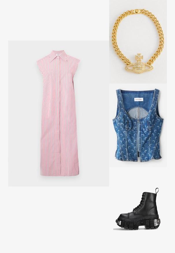 Rot-weiß gestreiftes ärmelloses Kleid mit kragenlosem Ausschnitt, bodenlangem Design und einer vorderen Knopfleiste. Verfügt über zwei Seitentaschen.; Denim Cropped-Top mit Reißverschluss vorne, abgerundeten Nahtdetails und einem wiederholten Halbmond-Muster in Hellblau auf einem dunkleren blauen Hintergrund.; Schwarze Lederkampfstiefel mit hohem Schaft, runder Zehenpartie, dickem strukturiertem Absatz, silbernen Hardware-Akzenten und markantem Profil.; Orangefarbene Ledertasche in Halbmondform, mit schlankem Tragegurt und goldenen Beschlägen. Sie verfügt über einen Reißverschluss und den eingeprägten Markennamen auf der Vorderseite.; Goldfarbene Kettenhalskette mit einem zentralen Anhänger in Domform, einem Kreuzakzent und klaren Strasssteinen.