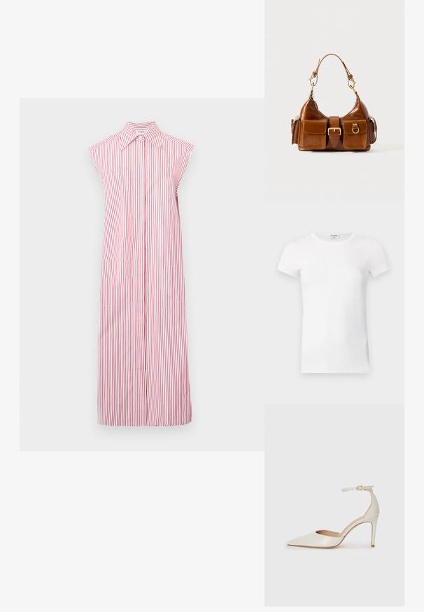 Rochie fără mâneci, cu dungi roșii și albe, cu guler, de lungime completă și cu un nasture pe față. Dispune de două buzunare laterale.; Cămașă albă din bumbac cu mânecă scurtă, tip T, cu guler rotund. Materialul pare neted, având o siluetă ajustată. Eticheta de brand este vizibilă la guler.; Pantofii înalți din piele albă, cu vârf ascuțit, curea la gleznă și toc subțire de tip stiletto. Textură netedă cu un finisaj subtil lucios.; Geantă de mână din piele maro, cu o formă curbată, accesorii din metal auriu dual, două buzunare frontale și o curea lată. Textură netedă cu un finisaj elegant.