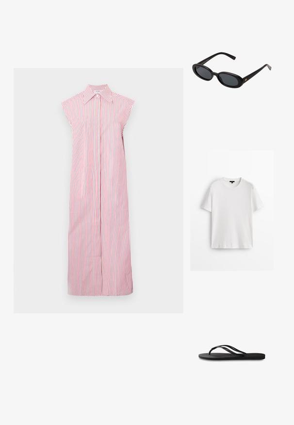 Rot-weiß gestreiftes ärmelloses Kleid mit kragenlosem Ausschnitt, bodenlangem Design und einer vorderen Knopfleiste. Verfügt über zwei Seitentaschen.; Weißes Baumwoll-T-Shirt mit kurzen Ärmeln, Rundhalsausschnitt und lockerer Passform. Glatte Textur und schlichtes Design, keine Muster oder Akzente.; Schwarze Flip-Flops mit einer strukturierten Gummisohle, zwei schlanken Riemen und einem dezenten, geprägten Logo-Detail auf dem Riemen.; Schwarze, oversized Sonnenbrillen mit ovalen Gläsern, glattem Kunststoffrahmen und goldenen Akzenten an den Bügeln. Die dunklen Gläser bieten Sonnenschutz.
