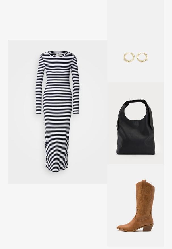 Långärmad, figursydd klänning med marinblå och vita horisontella ränder. Ribbat bomullsmaterial, rund halsringning och ankellång design.; Bruna lädercowboystövlar med spetsig tå, broderade virvelmönster på skaftet och en staplad blockklack. Har en dragflik för enkel påtagning.; Svart läderhandväska med en stor öppen topp och en enkel axelrem. Mjuk textur, minimalistisk design, med subtila metallaccenter.; Guldörhängen i form av ringar med en texturerad, oregelbunden form. Har en sömlös stängning och en polerad yta som betonar en modern design.