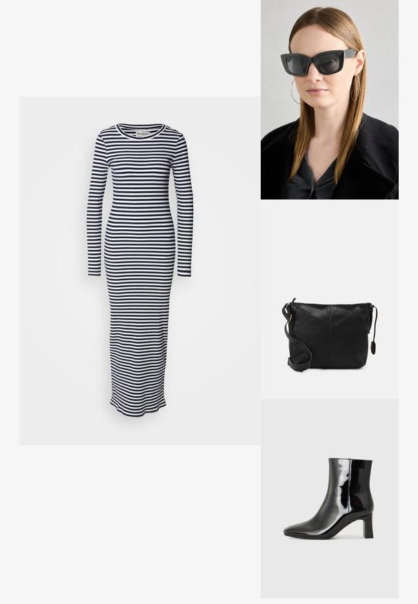 Langermet, tettsittende kjole med marineblå og hvite horisontale striper. Ribbestrikket bomullsmateriale, rund halslinje og ankellang design.; Sorte patentlær ankle boot med spiss tå og en mellomhøy blokkhelt. Glatt tekstur og minimalistisk design.; Sorte katteøyne solbriller med mørke linser, tykke rammer og subtile detaljer. Båret med en svart frakk og grå topp, med langt, rett hår.; Svart skinn crossover-veske med flat form, gullfarge detaljer og justerbar stropp. Glatt tekstur med minimale sømmer.