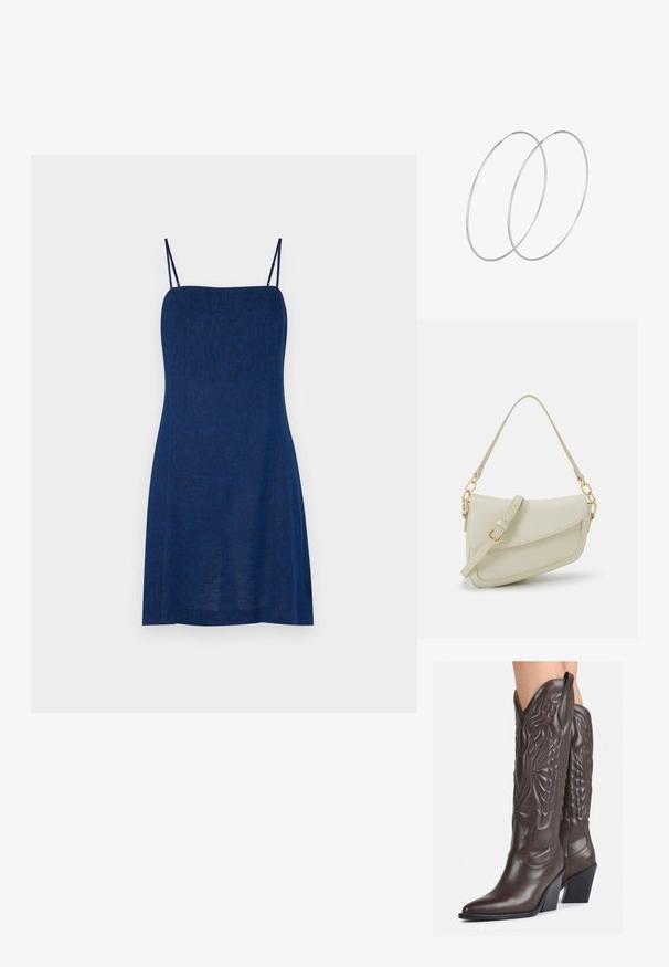 Granatowa sukienka bez rękawów z cienkimi ramiączkami, uszyta z teksturowanej tkaniny, z dopasowaną górą i rozkloszowanym dołem. Minimalistyczny design.; Brązowe skórzane kowbojki z noskiem w kształcie migdała i blokowym obcasem, z detalicznym przeszyciem i podniesionymi akcentami na cholewce.; Mała torebka w kolorze kremowym z teksturowanym wykończeniem, długim regulowanym paskiem, akcentem z łańcucha oraz zapięciem na klapkę. Wykończenia w kolorze złotym.; Srebrne kolczyki w formie obręczy o minimalistycznym designie. Okrągły kształt, gładka faktura i cienki profil. Lekkie, z polerowanym wykończeniem.
