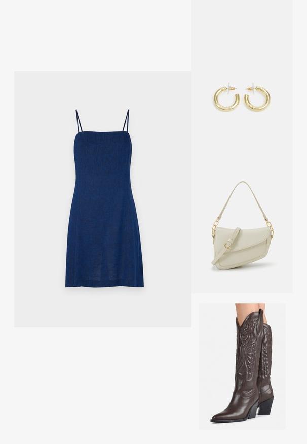 Námořnická modrá bezrukávová šaty s tenkými ramínky, vyrobená z texturované látky, s přiléhavým živůtkem a rozšířenou sukní. Minimalistický design.; Hnědé kožené kovbojské boty s špičatou špičkou a blokovým podpatkem, se zdobným prošíváním a vyvýšenými akcenty na nárazu.; Malá krémová kabelka s texturovaným povrchem, dlouhým nastavitelným popruhem, řetízkovým akcentem a klopou. Ozdobné detaily zlaté barvy.; Zlaté kruhové náušnice s hladkým, lesklým povrchem. Kruhový design s malým kolíčkem a průhledným záznamem pro bezpečné nošení.