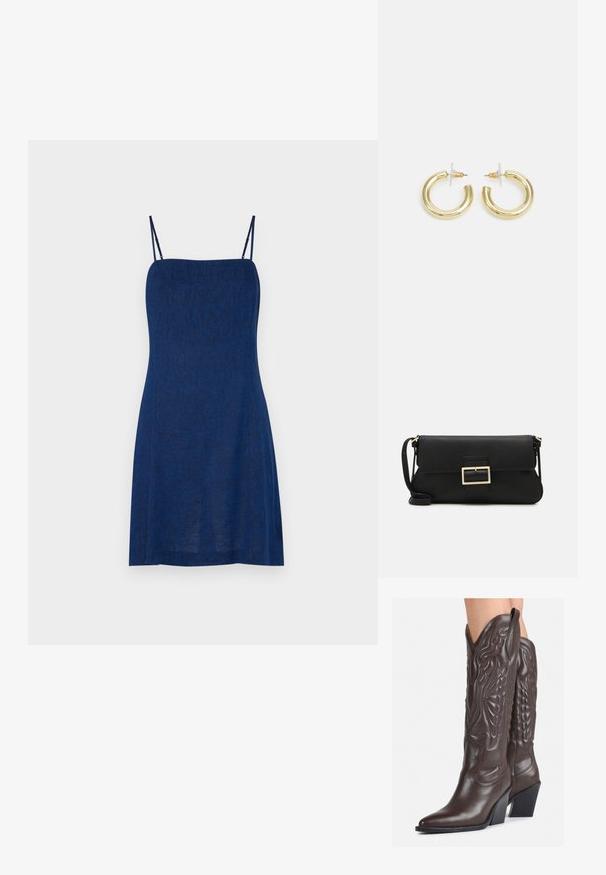 Navy blue sleeveless dress with thin straps, made of textured fabric, featuring a fitted bodice and flared skirt. Minimalist design.; Brown leather cowboy boots with pointed toe and block heel, featuring detailed stitching and raised accents on the shaft.; Black leather clutch bag with a flap and a gold metal buckle detail. Includes a black strap and a sleek, minimalist design.; Gold hoop earrings with a smooth, shiny finish. Circular design featuring a small post and clear backing for secure wear.