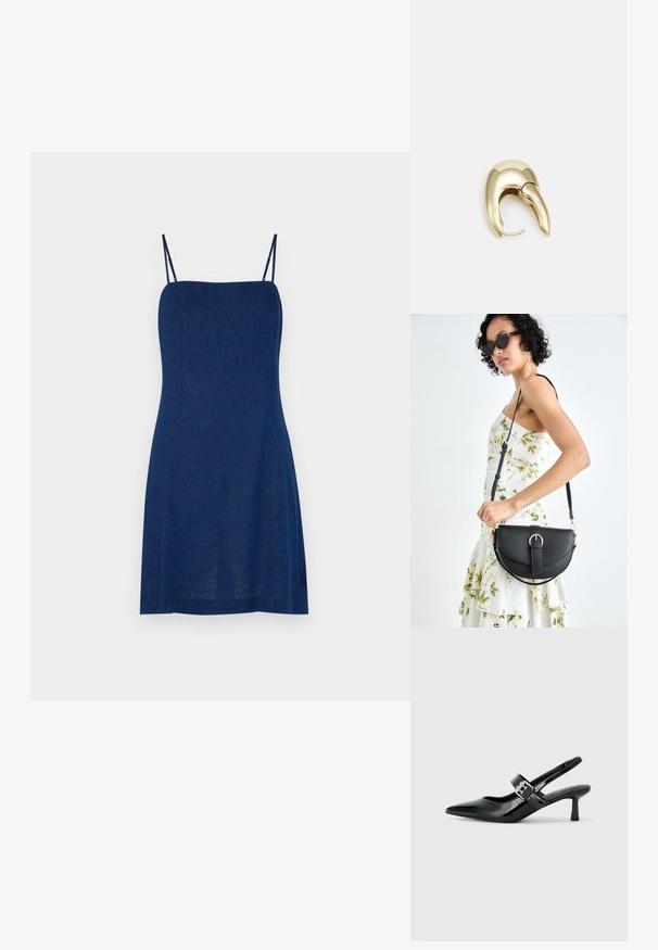 Marineblå ærmeløs kjole med tynde stropper, lavet af tekstureret stof, med fitted bodice og svajet skørt. Minimalistisk design.; Sorte laker slingback hæle med spids tå og en lille blokhæl, med en sølvspændeaccent på remmen.; Sort læderhåndtaske med en buet form, aftagelig rem og guldfinish. Tasken har en klap med en spænde detalje.; Guldtonet metal ørering med et slankt, buet design. Har en karakteristisk spids form, poleret overflade og hængselåbning.