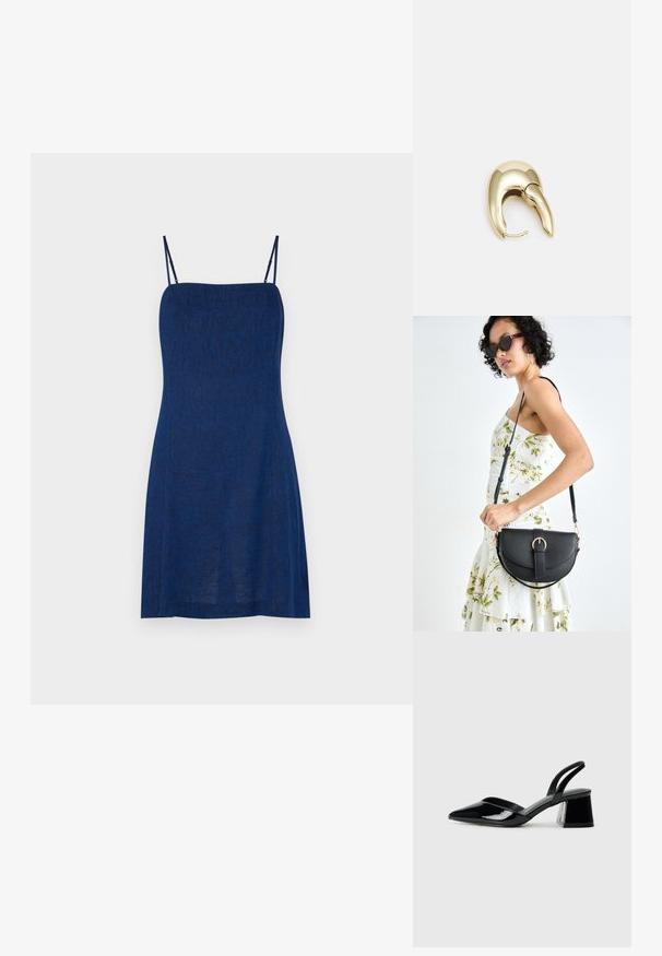 Marineblå ærmeløs kjole med tynde stropper, lavet af tekstureret stof, med fitted bodice og svajet skørt. Minimalistisk design.; Sorte patentlæder slingback hæle med spids tå og en geometrisk blok hæl. Har et elegant, minimalistisk design og en glat tekstur.; Sort læderhåndtaske med en buet form, aftagelig rem og guldfinish. Tasken har en klap med en spænde detalje.; Guldtonet metal ørering med et slankt, buet design. Har en karakteristisk spids form, poleret overflade og hængselåbning.