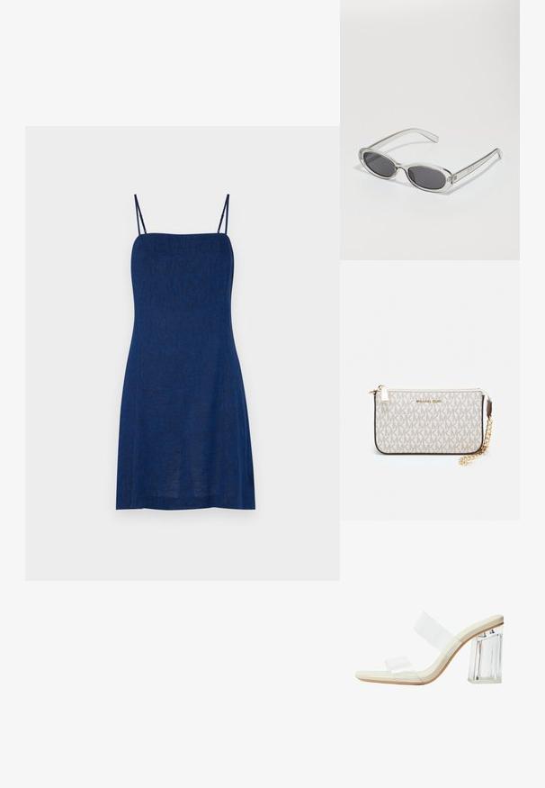 Mornarsko modra brezrokavna obleka s tankimi naramnicami, narejena iz teksturirane tkanine, z oprijetim telovnikom in razširjeno krilo. Minimalističen dizajn.; Sandelice s prozornimi petami, ki imajo prozorne trakove, bež podplat in masiven prozoren blokasti pet. Elegantna in gladka zasnova z minimalističnim estetskim pristopom.; Sončna očala ovalne oblike, prozoren plastičen okvir, temno sivi leči in tanke prozorne roke z logotipnimi akcenti in minimalnimi detajli.; Michael Kors denarnica v bež lakiranem platnu z mišičnim vzorcem ponavljajočega se logotipa MK, z zlatim okovjem in snemljivo verižico.