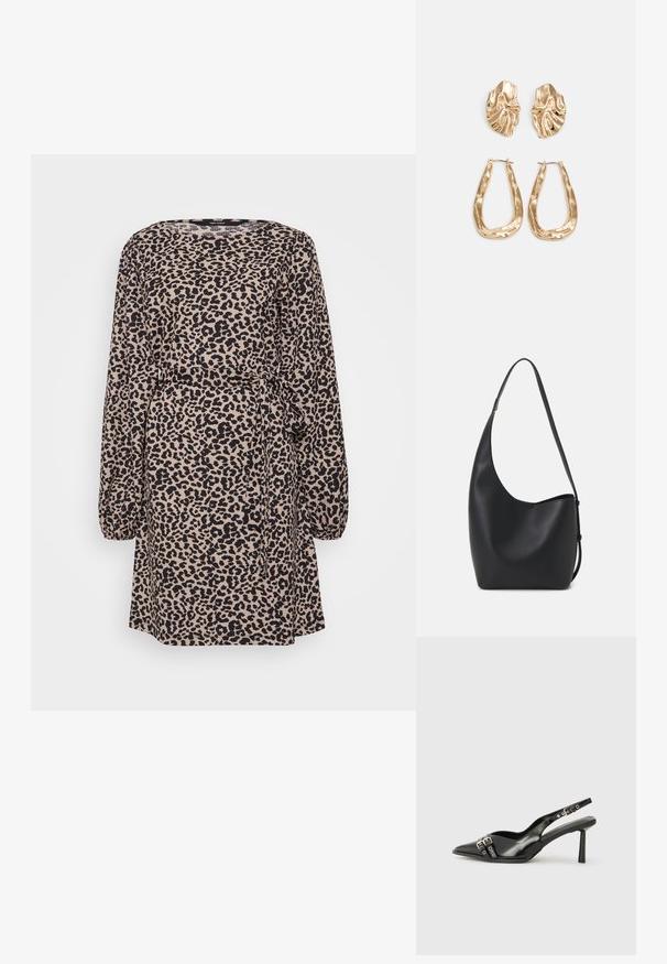 Leopardi mustriga kleit pikade varrukatega, V-kaelus, vöökoha rõhutus ja lipsu detail. Valmistatud pehmest, tekstuuriga materjalist beeži ja musta värviga.; Must musta nahk kingad sanga ja terava ninaga, ankle strapidega, millel on hõbedased pandlad ja riistvara ning õhuke konts.; Mustast nahast hobo kott, millel on sile tekstuur, kumer kuju ja üks reguleeritav rihm; peal on lai avaus.; Kuldse värvi kõrvarõngad, mis on kaunistatud tekstuursete ja laineliste kujunditega. Komplektis on skulpturaalsed klamber kõrvarõngad ja avatud rõngasdisain, millel on lõhestatud viimistlus.