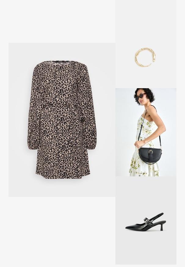 Leopardų rašto suknelė su ilgomis rankovėmis, V formos iškirpte, apnuoginta juosmens ir su raišteliu. Pagaminta iš minkštos, tekstūruotos medžiagos smėlio ir juodos spalvos.; Juodai lakuoti slingback aukštakulniai su smailiu kojų pirštu ir mažais blokiniais kulniukais, su sidabro sagtimi ant dirželio.; Juodas odinis krepšys su išlenkta forma, nuimamu dirželiu ir auksiniais detalėmis. Krepšys turi kilpą su sagtimi.; Auksinės spalvos žiedas, turintis organišką, sukimosi dizainą su lygiu paviršiumi ir siaurėjančiais galais, sukuriantis modernią skulptūrinę išvaizdą.