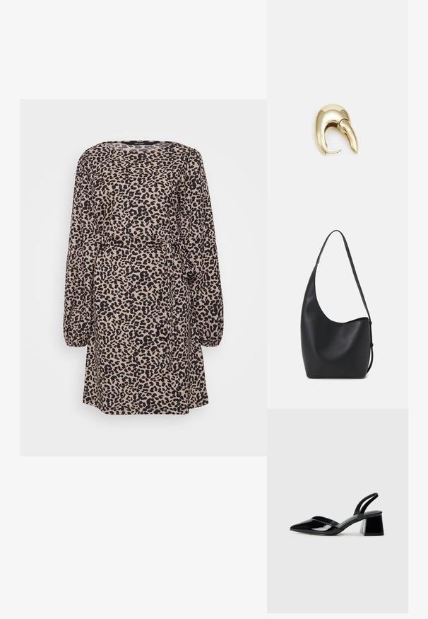 Lēderu raksta kleita ar garām piedurknēm, V veida kakla izgriezumu, piegulošu jostas daļu un saišu detaļu. Izgatavota no mīksta, fakturēta auduma bēšā un melnā krāsā.; Melna lakota āda ar atvērto papēdi, ar smailu purngalu un ģeometrisku blokpapēdi. Iezīmējas elegants, minimāls dizains un gluda tekstūra.; Melnas ādas hobo soma ar gludu tekstūru, izliekta forma un vienu regulējamu jostu; augšā ir plaša atvere.; Zeltīti metāla auskari ar gludu, izliekta dizaina. Ar atšķirīgu smailu formu, pulētu virsmu un eņģu aizdari.