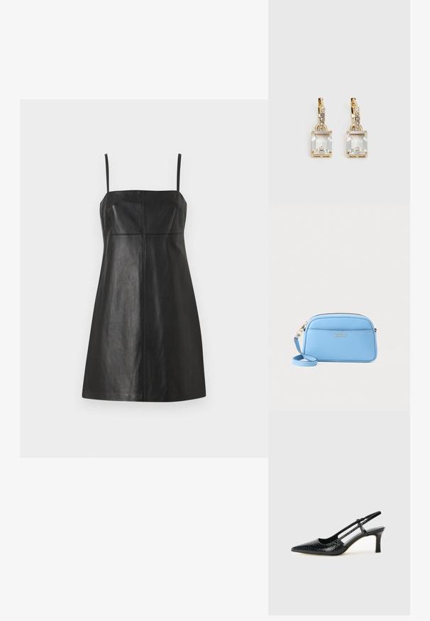 Crna kožna haljina s tankim trakama, uskim korzetom i A-linijom. Sadrži vertikalne šavove za strukturu i glatku teksturu.; Crne lakirane slingback pete s oštrim vrhom, s teksturiranim uzorkom zmijske kože, podesivom remenom i kratkom, teksturiranom blok-petom.; Svijetloplava kožna torba preko tijela s zlatnim detaljima, zatvaranjem na zip i prednjim džepom. Ima podesivu naramenicu za praktičnost.; Zlatne naušnice s pravokutnim, prozirnim kristalom koji visi ispod niza malih, okruglih prozirnih akcenata. Elegantni, moderni dizajn.