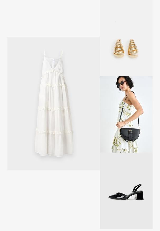Fehér maxiruha mély V kivágással, vékony pántokkal és réteges fodrokkal az alján. Könnyű, folyó anyagból készült a kényelem érdekében.; Fekete lakk bőr szandálkés magas sarkú cipő, hegyes orral és geometrikus tömbsarkakkal. Karcsú, minimalista dizájn és sima textúra jellemzi.; Fekete bőrtáska ívelt formával, levehető pánttal és arany színű fémrészekkel. A táskán egy csattal díszített fedél található.; Arany színű fülbevalók, amelyek hosszúkás kúp alakúak, spirális díszítéssel. Simább felület, tükröződő fényességgel, ívelt részletekkel.