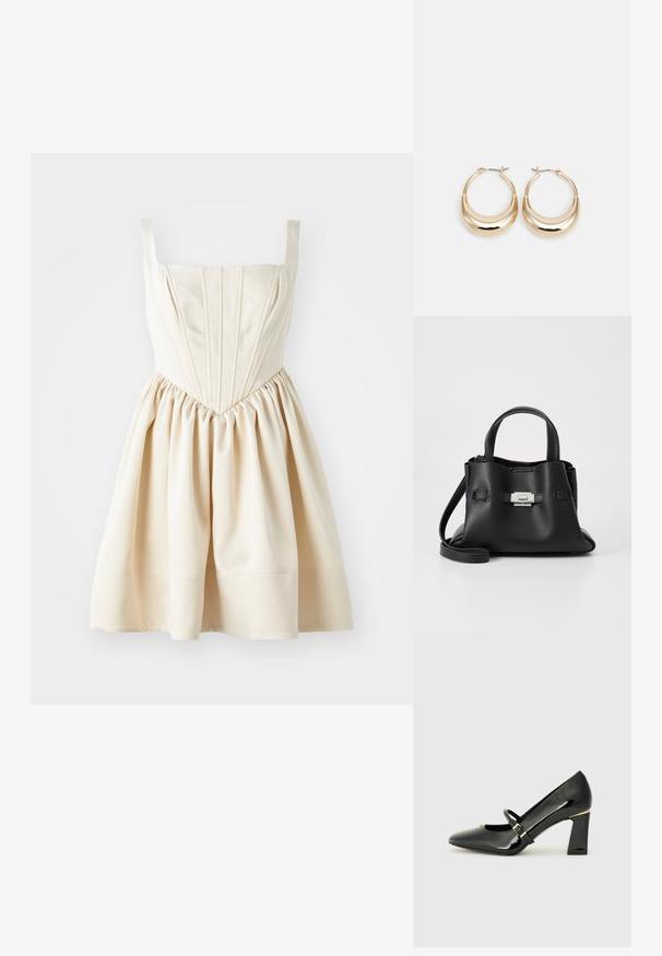 Krémové šaty s hranatým výstrihom, priliehavou sukňou s záhybmi a rozšírenou sukňou, vyrobené z hladkej látky. Nastaviteľné ramienka.; Čierna lakovaná lodička s vysokým opätkom, špicatou špičkou, členkovým popruhom a zlatým akcentom na opätku. Dizajn štvorcového blokového opätku.; Čierna kožená kabelka s textúrovaným povrchom, ktorá má dve vrchné rukoväte, odnímateľný popruh cez rameno a strieborný uzáver.; Zlaté kruhové náušnice s polmesiacovým tvarom, lešteným povrchom a pántovým uzáverom. Hladká textura a reflexný lesk zvyšujú viditeľnosť.