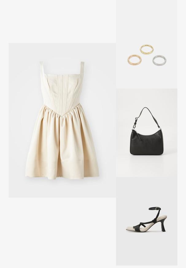 Krém színű ruha négyzet alakú dekoltázzsal, fitted bodiccsel, redőkkel és ráncolt szoknyával, sima anyagból készült. Állítható pántokkal.; Fekete sarkú szandál fonott pánttal, négyzet alakú orral és állítható bokapánttal. Világos bézs talpbetét fényes fekete sarkával.; Fekete bőrtáska ívelt formával, egyetlen pánttal, cipzáras záródással és diszkrét logóval az elején. Simább textúra, minimalista dizájn.; Három fémgyűrű: az egyik rose gold, a másik texturált akcentusokkal ellátott arany, a harmadik pedig ezüst, mindegyiken gravírozott márkajelzés található a belső sávon.