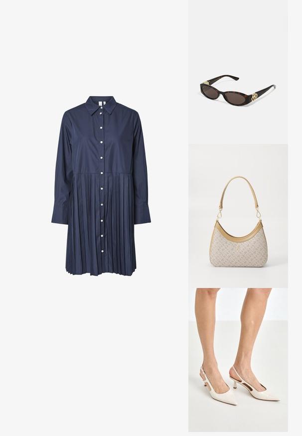 Abito camicia blu navy con colletto, maniche a lunghezza intera, chiusura frontale con bottoni e sezione gonna plissettata. Realizzato in tessuto liscio con un design strutturato.; Tacchi slingback in pelle lucida beige con punta affusolata e tacco di 5 cm, caratterizzati da lati traforati e una sottile fascia alla caviglia.; Occhiali da sole tartarugati con lenti ovali allungate, tonalità marrone, accenti dorati con logo sulle tempie e aste nere eleganti.; Borsa a tracolla beige con un motivo stampato, forma curvata, dettagli in pelle e un logo dorato sul davanti. Presenta una maniglia corta per un facile trasporto.
