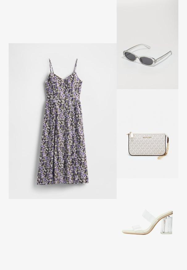 Sukienka w kwiatowy wzór z cienkimi regulowanymi ramiączkami, ozdobiona małym wzorem fioletowych i czarnych kwiatów na jasnym tle, z lejącej się tkaniny, o sylwetce litery A.; Przezroczyste sandały na obcasie z przezroczystymi paskami, beżową wkładką oraz masywnym przezroczystym blokowym obcasem. Elegancki i gładki design o minimalistycznej estetyce.; Okulary przeciwsłoneczne w owalnym kształcie, z przezroczystą plastikową oprawą, ciemnoszarymi soczewkami oraz cienkimi przezroczystymi ramionami z akcentami logo i minimalnymi detalami.; Portfel na nadgarstek marki Michael Kors w beżowej, pokrytej płótnem, z powtarzającym się wzorem logo MK, złotym okuciem i odpinanym łańcuszkowym paskiem.