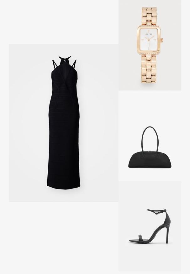 Abito nero senza maniche con una silhouette attillata, caratterizzato da una texture a righe orizzontali, un scollo a V e un dettaglio con fiocco sul retro.; Sandali neri con tacco alto, con punta aperta, cinturini sottili e fibbia alla caviglia. Texture in pelle liscia con design a punta.; Borsa a tracolla in pelle nera con design curvo, due manici lunghi e finiture in argento. Tessuto liscio senza motivi o accenti visibili.; Orologio rettangolare rosa oro con cinturino metallico, con accenti di gemme sulla ghiera, e un quadrante bianco con marcatori e lancette nere.