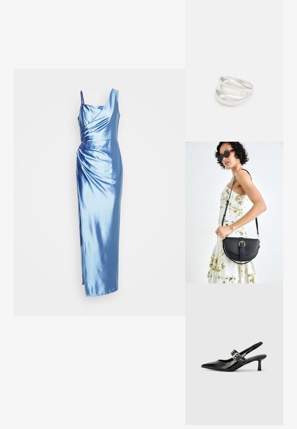 Satin eveningjska haljina u svijetloplavoj boji s jednom naramenicom, zavijenim korzetom i siluetom do poda koja sadrži bočni prorez.; Crne lakirane slingback potpetice s oštrim prstom i malom blok petom, s naglaskom na srebrnoj kopči na remenu.; Crna kožna torba s lukovitim oblikom, odvojivim remenom i zlatnim detaljima. Torba ima preklop s kopčom.; Srebrna dvostruka prsten s glatkom, poliranom površinom. Karakterizira ga fluidan, zakrivljen dizajn s preklapajućim sekcijama za moderan izgled.