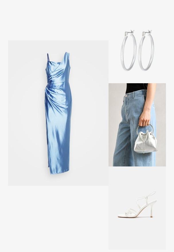 Satin evening dress in light blue with one-shoulder design, twisted bodice, and floor-length silhouette featuring a side slit.; White strappy high-heeled sandal with a flat toe base, textured front with gathered accents, and a slim ankle strap.; Metallic silver bucket bag with a textured finish, adorned with a silver round handle and drawstring closure, held against light blue jeans.; Silver hoop earrings with a smooth, polished finish. Round shape and secure click-top closure. Lightweight design suitable for everyday wear.