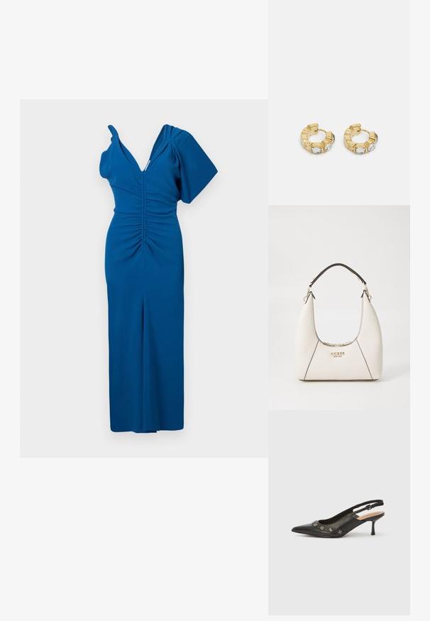 Blå figurnära klänning med djup V-ringning, design med en axel och rynkade detaljer fram. Slät tyg med en elegant silhuett.; Svart läderpumps med slingback, spetsig tå, liten klack och dekorativa metalliska detaljer längs framkanten. Mjuk textur.; Vit texturerad handväska med en böjd silhuett, svarta accenter, guldlogotyp och ett kort handtag. Har en dragkedjestängning med hårdvarudetaljer.; Guld hoops med en texturerad design och tre klara kristallaccentuer på ena sidan, vilket ger en modern geometrisk estetik.