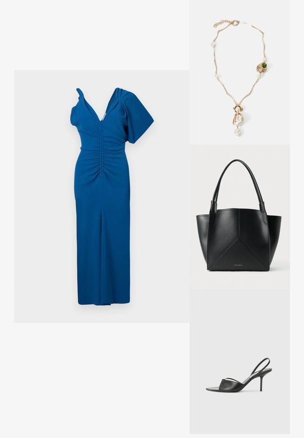 Zils pieguļošs kleita ar dziļu V-veida kakla izgriezumu, vienas pleca dizainu un savilktiem elementiem priekšā. Gluda auduma ar elegantu siluetu.; Melnas ādas siksniņu augstpapēžu kurpes ar norādītu purngalu, plānu potītes siksniņu un stiletto papēdi. Arī ar sasietu detaļu uz vamp.; Melnas ādas plecu soma ar ģeometrisku dizainu, kas aprīkota ar divām rokturiem un zeltainu zīmolu priekšpusē. Gluda tekstūra un strukturēta forma.; Zelta tonis kaklarota ar savirpinātām saistēm, baltām pērlem un zaļa akmens akcentu. Izceļas ar sarežģītām detaļām un aizdari, lai nostiprinātu.