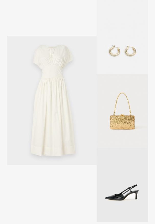 Faithfull the brand AUVE MIDI DRESS - Maxi šaty - white; Černé lakované slingback podpatky s špičatou špičkou, zdobené texturovaným hadím vzorem, nastavovacím páskem a krátkým texturovaným blokovým podpatkem.; Zlatá flitrová kabelka ve tvaru obdélníku, s propleteným řetízkovým uchem a kovovým zapínáním, odrážející světlo s texturovaným povrchem.; Lauren Ralph Lauren BASIC SMALL HOOP - Náušnice - gold-coloured