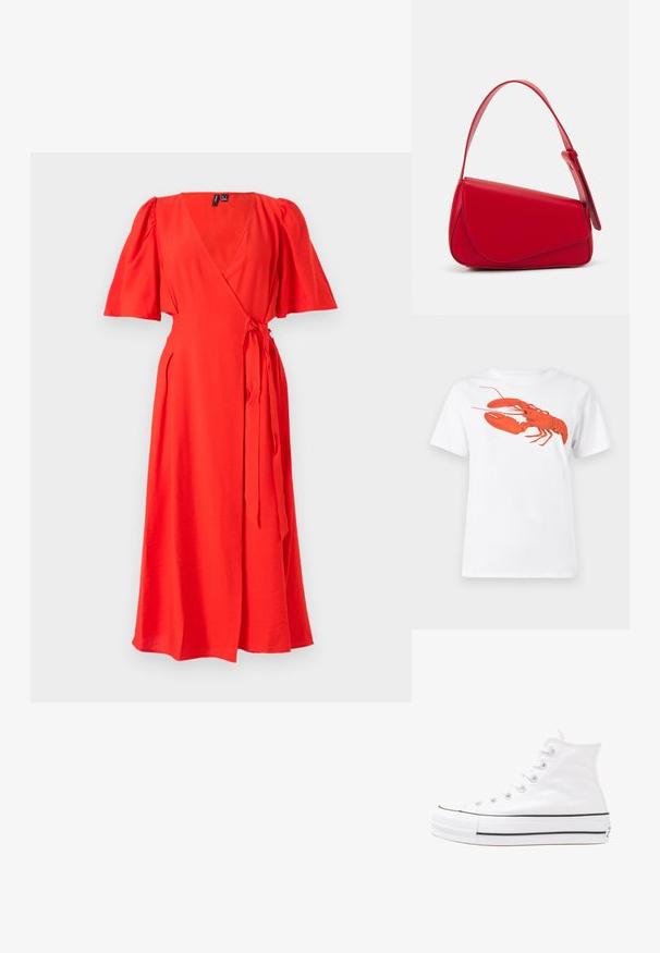 Raudona apdangalas su trumpomis pūstomis rankovėmis, gilia V formos iškirpte, susirišimu juosmenyje ir laisvai krentančia sijona. Lygus audinys be raštų ar puošmenų.; Balta medvilnė marškinėliai su dideliu, ryškiu raudonu omaru grafiku priekyje. Trumpomis rankovėmis ir standartiniu apvaliu kaklu.; Balti aukštakulniai drobės sportbačiai su juodu guminio pado, priekinio guminio piršto dangteliu ir šešiais akytėmis raištams, pasižymintys švariu, minimalistiniu dizainu.; Raudona odinė rankinė su kampuota, geometrine forma. Pasižymi viena reguliuojama dirželiu ir dangteliu su siuvinėtais dekoracijomis.