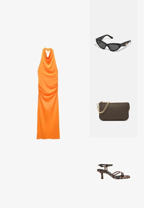 Oranje halternekjurk met gedrapeerde lijfje, geraffineerde zijkanten en een open rugontwerp. Gemaakt van een gladde, rekbare stof.; Luipaardprint hakken met een vierkante neus, meerdere bandjes en een middelhoge hak. Gemaakt van zacht textielmateriaal.; Cat-eye zonnebrillen met een matte zwart plastic frame, donkere lenzen en een gouden logo-accent op de poot. Hoekig ontwerp en een soepele textuur.; Bruin leren schoudertas met logo-patroon, gouden kettingband, ritsluiting en gouden hardwareaccenten. Compacte en rechthoekige vorm.