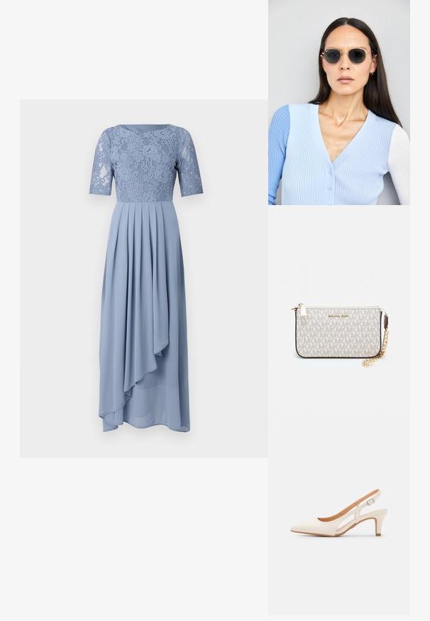 Šviesiai mėlyna suknelė su nėriniuotu korsetu ir trumpomis rankovėmis, su plačiai krintančia klostuota sijona, kuri nukrenta asimetriškai.; Balti slingback kulniukai su smailiu pirštu, lygia viršutine medžiaga, žemu blokuotu kulnu ir šoniniu išpjovimu su reguliuojamu sagtimi.; Apskriti saulės akiniai su tamsiais objektyvais ir auksiniais rėmeliais. Modelis vilki šviesiai mėlyną, raukinį kardiganą su mygtukais ir kontrastingomis baltomis rankovėmis.; Michael Kors rankinė smėlio spalvos dengto kanvoje su pakartotiniu MK logotipo raštu, auksinėmis detalėmis ir nuimamu grandininiu dirželiu.