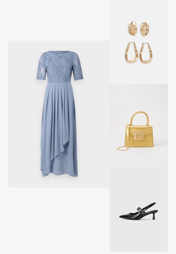 Világoskék ruha csipkés felsőrésszel és rövid ujjakkal, áramló, pleátolt szoknyával, amely aszimmetrikusan lebeg.; Fekete lakkbőr slingback sarkú cipők hegyes orral és kis blokk talppal, ezüst csat díszítéssel a pánton.; Sárga műbőr krokodil mintás kézitáska strukturált kialakítással, felső fogantyúval, leválasztható lánccal és díszes kristály díszítéssel a záron.; Aranyszínű fülbevalók, texturált, hullámos formákkal. Tartalmazza a szobrászati klipszes studokat és az open hoop kialakítást, kalapácsos felülettel.