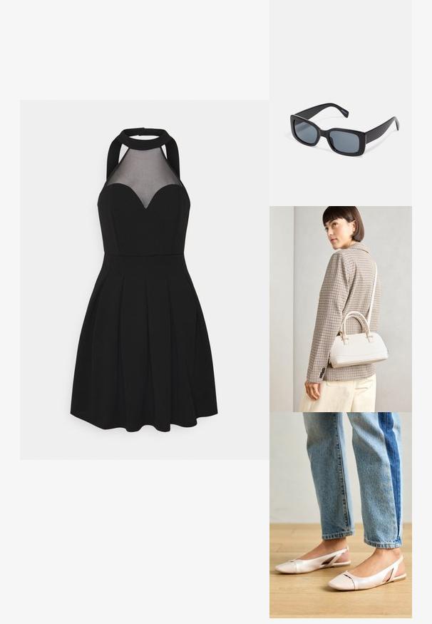 Vestido preto com decote halter e painel em rede. Apresenta um decote em forma de coração, saia plissada e corpete ajustado. Textura de tecido suave.; Sapatilhas slingback de cor rosa pálido com bico fino, feitas de um material semelhante a couro liso. Apresentam detalhes recortados nas laterais e um salto plano.; Óculos de sol retangulares pretos com lentes escuras, armação de plástico espessa e hastes largas. Superfície lisa e design angular.; Bolsa estruturada branca com alças curtas e uma alça de ombro, com detalhes em hardware dourado e material texturizado, exibida contra um fundo cinza.