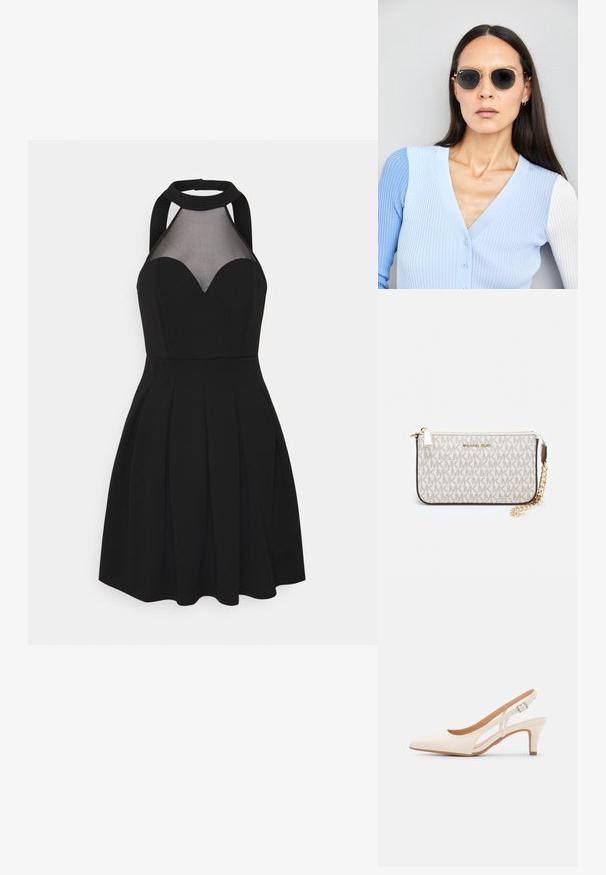 Svart kjole med halterneck og mesh-panel. Har et hjerteformet utringning, plisserte skjørt og tettsittende overdelen. Glatt stofftekstu.; Hvit slingback-hel med spiss tå, glatt overmateriale, lav blokkhelt, og cut-out-design på siden med justerbar spenne.; Runde solbriller med mørke linser og guldrammer. Modellen har en lyseblå, ribbet cardigan med knapper og kontrast hvide ærmer på.; Michael Kors håndleddsveske i beige belagt kanvas med et gjentakende MK-logo mønster, gullfarget maskinvare og en avtakbar kjede-rem.