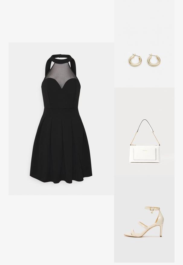 Vestido preto com decote halter e painel em rede. Apresenta um decote em forma de coração, saia plissada e corpete ajustado. Textura de tecido suave.; Sandálias de salto alto bege com tira fina no tornozelo e duas tiras superiores. Acabamento em patentes brilhantes e detalhe em dourado na tira do tornozelo.; Bolsa de mão branca em couro com acabamento texturizado, featuring a corrente dourada e detalhes pretos. Inclui um bolso frontal e fecho com zipper.; Lauren Ralph Lauren BASIC SMALL HOOP - Brincos - gold-coloured