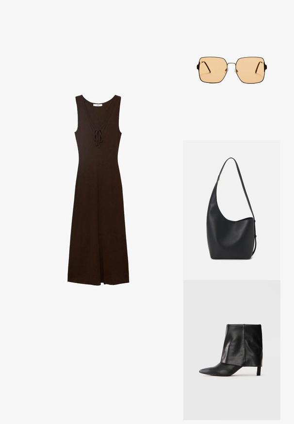 Brun ärmlös klänning med V-ringning, snörning framtill och en flödande siluett, tillverkad av ett mjukt tyg.; Svart läderstövel vid vaden med spetsig tå, vikt ovandel och smal låg klack som står mot vit bakgrund.; Fyrkantiga solglasögon med bruna linser och en tunn svart metallram. Har vinklade skalmar och justerbara näsdelar för ökad komfort.; Svart läder hobo-väska med en slät textur, kurvig form och en justerbar axelrem; har en bred öppning upptill.