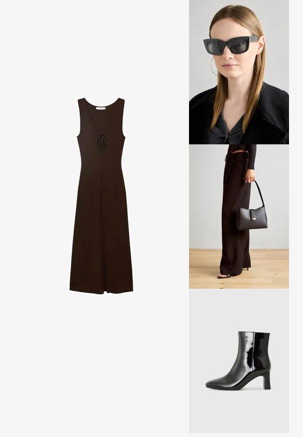 Smeđa bezrukavna haljina s V-izrezom, detaljem vezanja sprijeda i lepršavim siluetom, izrađena od glatkog materijala.; Crne lakirane kožne gležnjače s šiljastim prstom i srednje visokom blok petom. Glatka tekstura i minimalistički dizajn.; Crne mačje naočale s tamnim staklima, debelim okvirima i suptilnim detaljima. Nosit će se s crnim kaputom i sivoj majici, s dugom ravnom kosom.; Crna torba s oblikom koji sadrži strukturu, glađu teksturu i metalnu kopču. Uparena s širokim crnim hlačama i sandalama na otvorenom s drvenog poda.