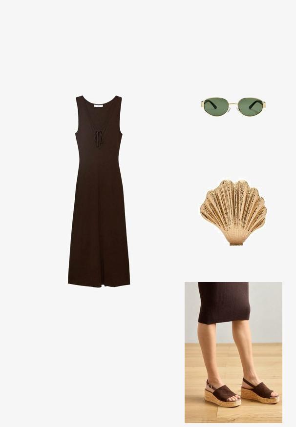 Smeđa bezrukavna haljina s V-izrezom, detaljem vezanja sprijeda i lepršavim siluetom, izrađena od glatkog materijala.; Smeđe nubuk sandale na klin s pluto platformom i otvorenim prstima. Imaju traku za petu s zlatnom kopčom. Pod je drveni.; Smešak sunčanih naočala s okvirom zlatne boje i zelenim nijansama, ovalnog oblika, crnim drškama i prozirnim jastučićima za nos. Čist, minimalistički dizajn.; Zlatna dekorativna površina u obliku školjke s teksturiranom površinom i rebrastim dizajnom, s ravnom bazom za stabilnost.