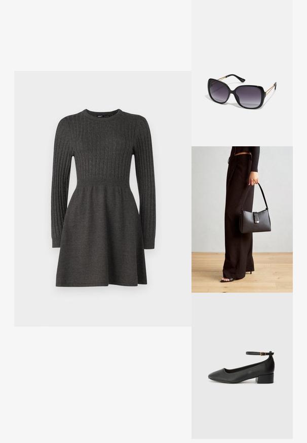 Rochie tricotată de culoare gri închis, cu textură ribbed, mâneci lungi, gât rotund și un corp ajustat care se lărgește într-o fustă.; Pantof cu toc negru din piele, cu vârf ascuțit și toc mic pătrat. Dispune de o curea la gleznă cu o cataramă în tonuri de aur. Textură netedă.; Ochelari de soare negri, supradimensionați, cu lentile degradate, rame groase și detalii cu lanț de ton auriu pe brațele templului.; Genți negre cu o formă structurată, textură netedă și un închizător metalic. Asortată cu pantaloni negri largi și sandale cu vârf deschis pe un podea din lemn.