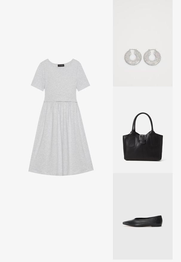 Harmaa puuvillamekko, jossa on lyhyet hihat, pyöreä pääntie ja muotoiltu yläosa, joka siirtyy levenevään hameosaan. Sujuva rakenne ilman kuvioita.; Musta nahkainen ballerinatyyppinen kenkä, terävä kärki, minimalinen muotoilu, sileä pinta, matala korko, ei näkyvää metalliosaa tai koristeita.; Musta nahkainen olkalaukku, jossa on sileä pinta, ryhdikäs muoto, kaksi kahvaa ja silmienpistävä hopeinen solkiyksityiskohta edessä.; Hopeiset korvakorut, joissa on useita kirkkaan kristallikoristeita, teksturoitu pinta ja avoin ympyrämuoto.