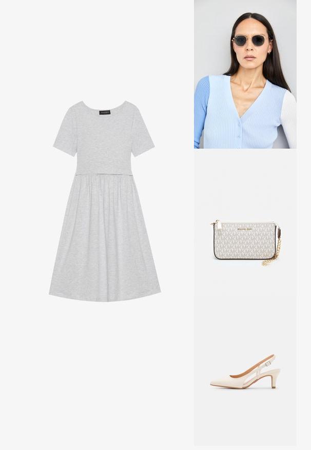 Szara bawełniana sukienka z krótkimi rękawami, okrągłym dekoltem i dopasowaną górą, która przechodzi w rozkloszowaną spódnicę. Gładka tekstura bez wzorów.; Biała szpilka slingback z ostrym noskiem, gładkim materiałem wierzchnim, niskim obcasem blokowym oraz wycięciami po bokach i regulowanym paskiem z klamrą.; Okrągłe okulary przeciwsłoneczne z ciemnymi soczewkami i złotymi ramkami. Modelka nosi jasnoniebieski kardigan w prążki z guzikami i białymi rękawami w kontrastowym kolorze.; Portfel na nadgarstek marki Michael Kors w beżowej, pokrytej płótnem, z powtarzającym się wzorem logo MK, złotym okuciem i odpinanym łańcuszkowym paskiem.