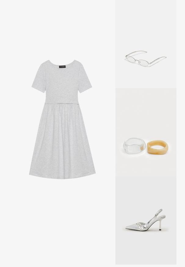 Šedé bavlněné šaty s krátkými rukávy, kulatým výstřihem a přiléhavým korzetem, který přechází do rozšířené sukně. Hladká textura bez vzorů.; Stříbrná slingback vysoká podpatková bota s špičatou špičkou, metalickým povrchem, dvěma Dekorativními pásky a štíhlým podpatkem s černým hrotem.; Oválné brýle s metalickým stříbrným rámem, čirými skly a texturovanými korálkovými akcenty na spáncích. Lehce provedení s zakřivenými nohama.; Průhledné a jantarové prsteny z pryskyřice, jeden hladký a transparentní, druhý s texturovaným jantarovým povrchem. Oba mají zaoblené, robustní tvary.