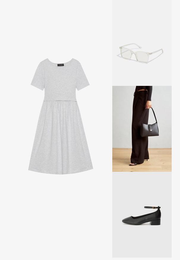 Siva pamučna haljina s kratkim rukavima, okruglim izrezom i prilagođenim gornjim dijelom koji prelazi u raširenu suknju. Glatka tekstura bez uzoraka.; Crne kožne pumpe s oštrim vrhom i niskom blok petom. Sadrže remen oko gležnja s zlatnim kopčanjem. Glatka tekstura.; Prozirne plastične naočale kvadratnog okvira s prozirnim lećama, koje sadrže zlatne akcentne detalje na drškama.; Crna torba s oblikom koji sadrži strukturu, glađu teksturu i metalnu kopču. Uparena s širokim crnim hlačama i sandalama na otvorenom s drvenog poda.