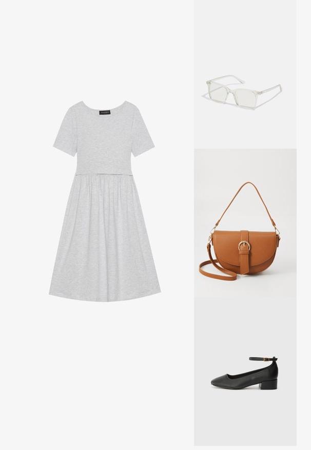 Vestido de algodão cinza com mangas curtas, decote redondo e um corpete ajustado que transita para uma saia rodada. Textura suave sem padrões.; Sandal de pele preta com bico pontiagudo e um salto bloco baixo. Apresenta uma tira no tornozelo com uma fivela em tom dourado. Textura suave.; Óculos quadrados de plástico transparente com lentes translúcidas, apresentando detalhes em dourado nas hastes.; Bolsa transversal de couro castanho com um formato curvado, ferragens douradas e um detalhe de fivela. Inclui uma alça de ombro destacável.