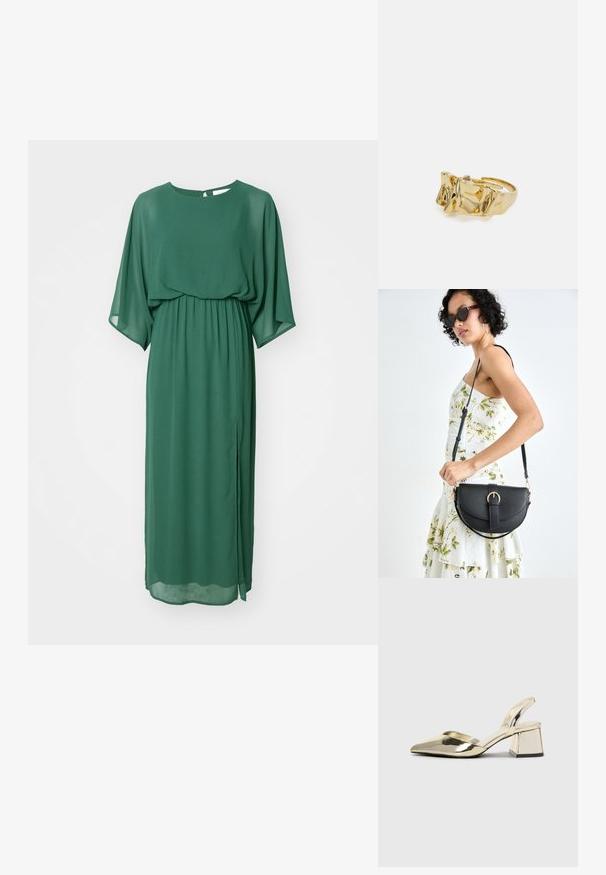 Žalia, laisvai krentanti suknelė, pagaminta iš lengvos medžiagos. Turi apvalų dekoločių, trumpas rankoves ir susiraukšlėjusią juosmenį su šoniniu įpjovimu.; Auksiniai, metaliniai slingback aukštakulniai bateliai su smailiu pirštu ir masyviu kulnu. Lygus paviršius, minimalizmo dizainas ir siaura juostelė.; Juodas odinis krepšys su išlenkta forma, nuimamu dirželiu ir auksiniais detalėmis. Krepšys turi kilpą su sagtimi.; Aukso žiedas su tekstūruotu, banguotu dizainu, turintis tris iškilias viršūnes. Lygus, blizgus paviršius su atviromis juostelėmis, leidžiančiomis reguliuoti dydį.