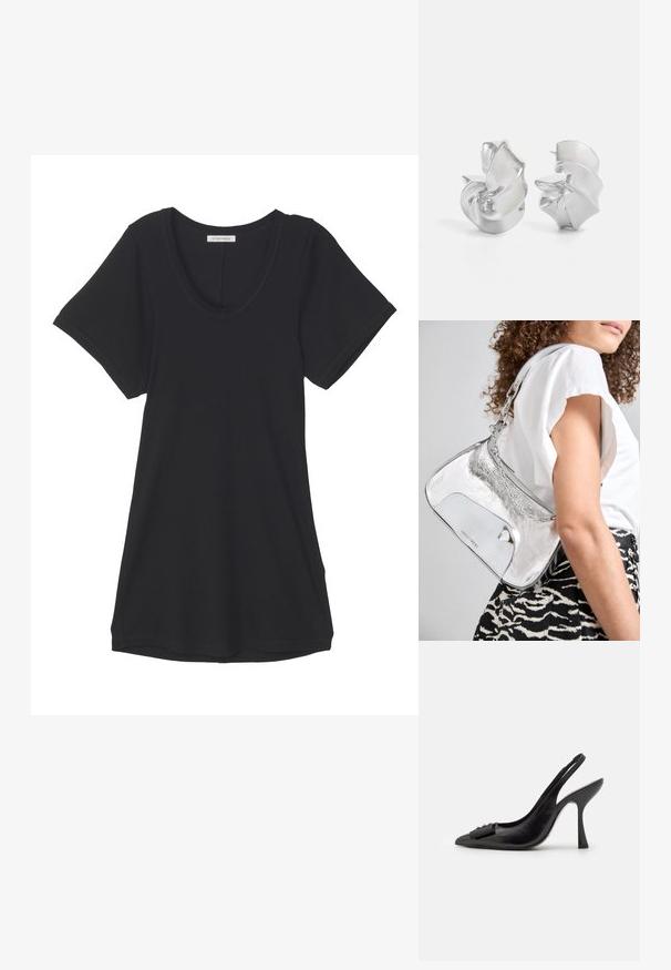 T-shirt nero a maniche corte realizzato in tessuto morbido, con scollatura a barca e vestibilità comoda. Texture liscia senza motivi o dettagli visibili.; Scarpa a slingback nera in pelle con punta affilata, tacco alto e sottile, e un accentuato adorabile fiocco decorativo. Texture liscia e design elegante.; Borsa a spalla metallica argento con una texture liscia, design curvo, tracolla a catena e un pannello frontale lucido con una sottile incisione del logo.; Orecchini d'argento con un design a spirale fluente. Texture liscia con una finitura lucida. Presentano una leggera lucentezza e nessun abbellimento visibile.