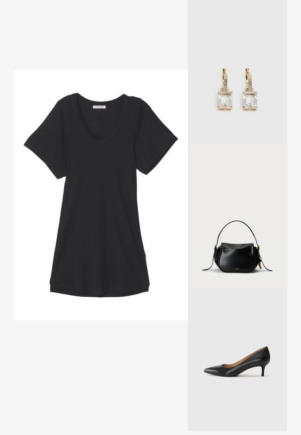 Černé tričko s krátkým rukávem vyrobené z měkké tkaniny, s kulatým výstřihem a volným střihem. Hladká textura bez viditelných vzorů nebo akcentů.; Černé kožené lodičky s špičatou špičkou, nízkým podpatkem a hladkým povrchem. Mají mírné otevření vpředu a minimální kovové prvky na zadní straně.; Černá kožená kabelka kulatého tvaru, s jedním horním uchem a zlatými kovovými detaily. Obsahuje zipové zavírání a jemný branding.; Náušnice ve zlatém odstínu s obdélníkovým, průhledným krystalem zavěšeným pod řadou malých, kulatých průhledných akcentů. Elegantní, moderní design.