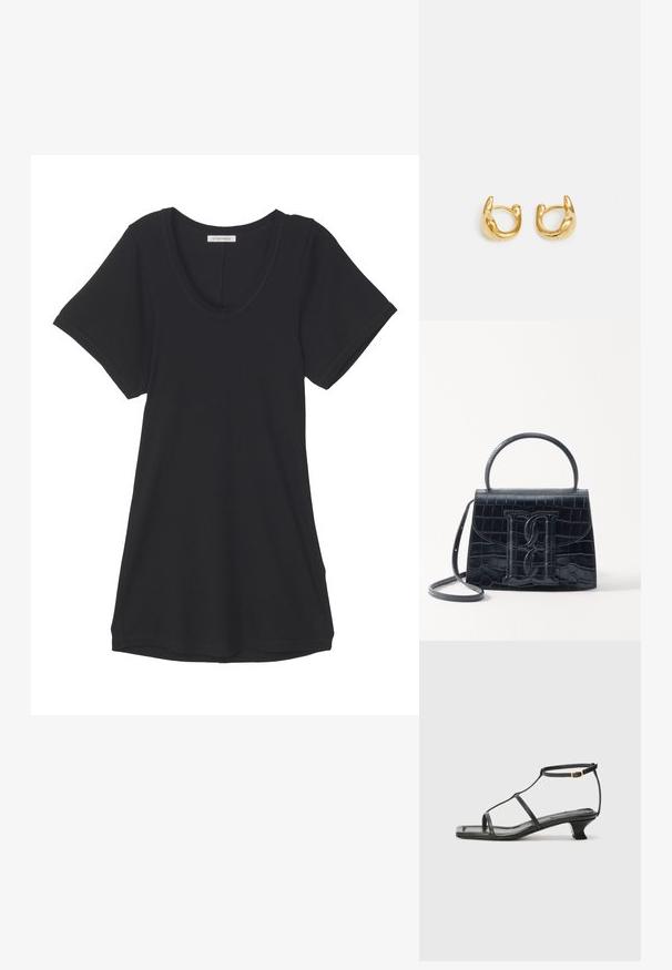 T-shirt preto de manga curta, feito de um tecido suave, com decote em forma de barco e um corte relaxado. Textura lisa sem padrões ou destaques visíveis.; Sandália de couro preta com biqueira quadrada, tiras finas, correia ajustável no tornozelo e um salto baixo. Possui um pequeno detalhe em ouro na tira.; Bolsa de pele preta com estampa de crocodilo, de design estruturado, com alça de mão, correia ajustável e um detalhe de logotipo em destaque na frente.; Brincos de argola em ouro com um design suave e arredondado, com um acabamento polido. Os brincos têm uma forma compacta e robusta, com um fecho sem costuras.