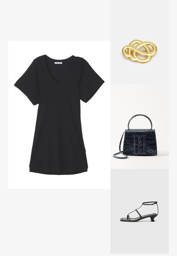 Melna īsā piedurkne T-krekls no mīksta auduma, ar ovālu kakla izgriezumu un brīvu piegriezumu. Gluda tekstūra bez redzamām rakstiem vai akcentiem.; Melna ādas sandale ar kvadrātveida purngalu, plānām siksnām, regulējamu potītes siksnu un zemu papēdi. Iezīme ir neliela zelta akcenta detaļa uz siksnas.; Melnas krokodila rakstā izgatavota ādas rokassoma ar strukturētu dizainu, augšējo rokturi, regulējamu siksnu un izteiktu priekšējo logotipa detaļu.; Zelta toņa broša ar mezglota dizaina, gludām, izliekamām līnijām un sarežģītu formu, kas atspoguļo pulētu apdari.