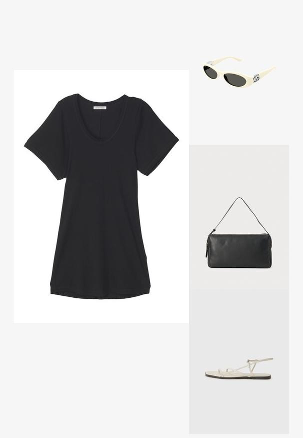 Mustat lyhyet hihaiset t-paidat, jotka on valmistettu pehmeästä kankaasta, jossa on pyöreä pääntie ja rento istuvuus. Liukas pinta ilman näkyviä kuvioita tai yksityiskohtia.; Beige litte sandaalit, joissa on useita hoikkia hihnoja ja säädettävä solki. Pohja on litteä, ja reunassa on kevyt tumma kontrasti.; Kermanväriset aurinkolasit, joissa on soikeat linssit, musta sävy ja metalliset logoelementit tempuissa. Tasainen pinta, kissamainen muotoilu.; Musta nahkalaukku, jossa on kapea suorakulmainen muoto, vetoketjukiinnitys ja yksi olkahihna. Ominaisuuksiin kuuluu sileä pinta ja yksinkertainen muotoilu.