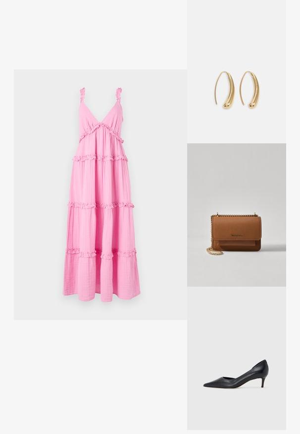 Rožinė daugiasluoksnė suknelė, pagaminta iš lengvos medžiagos, su voliukais ant dirželių ir akcentais. Turi V formos iškirpę ir lengvą dizainą su horizontaliais raukšlėmis.; Juodi odiniai aukštakulniai su smailiu priekeliu ir žemu kulnu. Turi lygią tekstūrą ir subtilų blizgesį. Priekyje yra atvira anga, suteikianti papildomo detalių.; Ruda tekstūruota odinė per petį nešama rankinė su auksiniu grandininiu dirželiu ir užlenkiamo užsegimo. Priekinėje pusėje yra logotipo detalė ir kišenė po užlenkimu.; Auksinės metalinės auskarų kabės su lenktą, pailgą forma. Turi lygų, blizgantį paviršių ir užapvalintą galiuką papildomam akcentui.